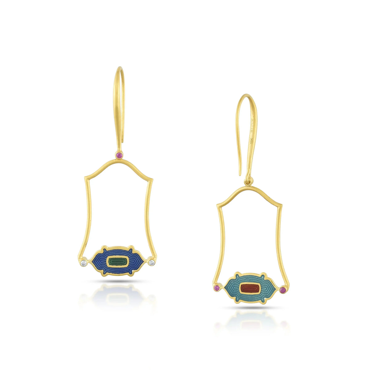 Enamel crest gold drop earrings in 18 kt