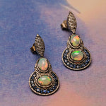 Load image into Gallery viewer, Double Opal & Blue Sapphire Victorian Silver-Gold Drop Earrings