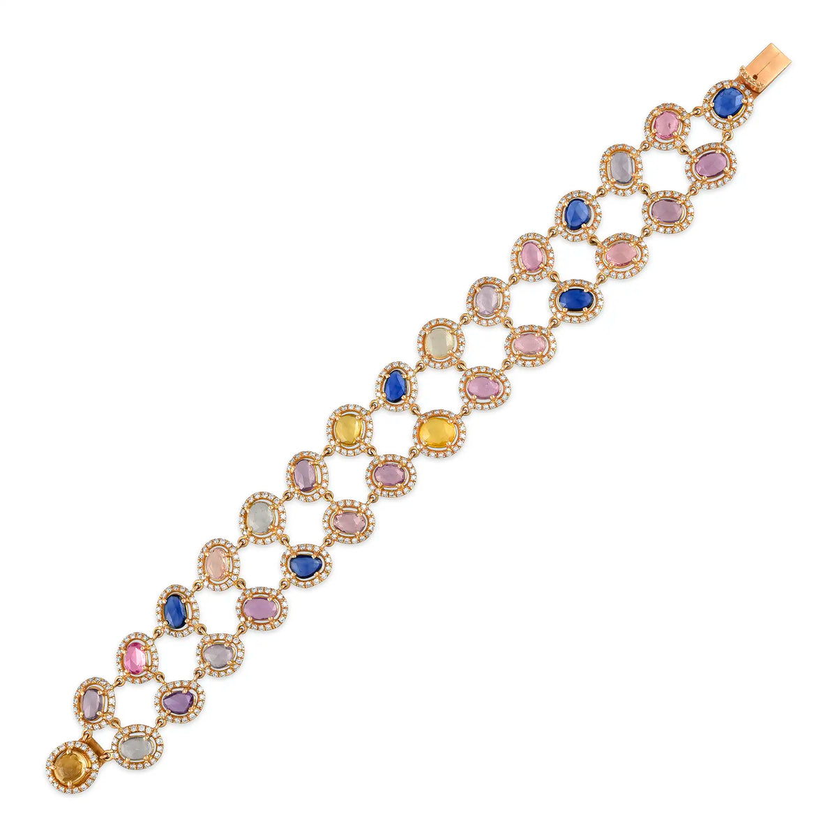 Multicolour sapphire double row rose gold bracelet in 18 kt