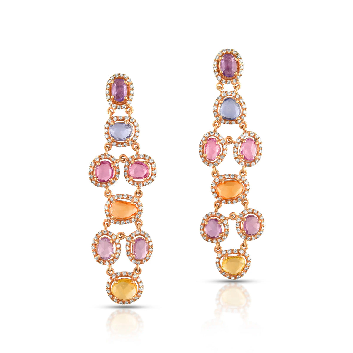 Multi sapphire chandelier rose gold earrings in 18 kt