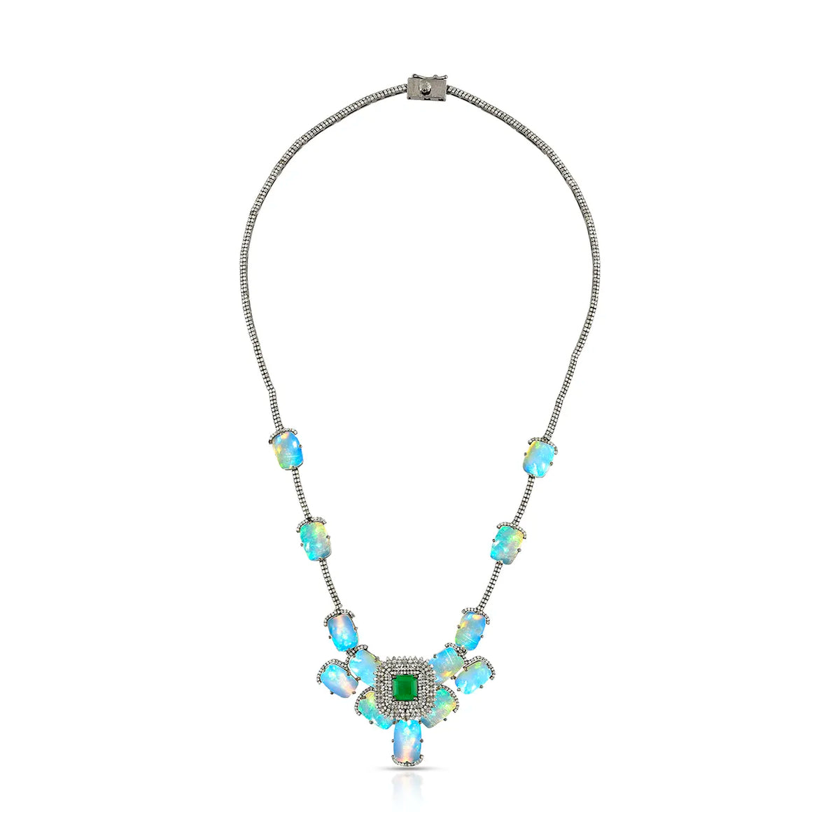 Emerald opal bloom victorian silver gold statement necklace