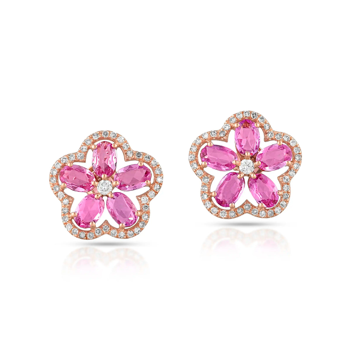Rose petal pink sapphire rose gold studs in 18 kt