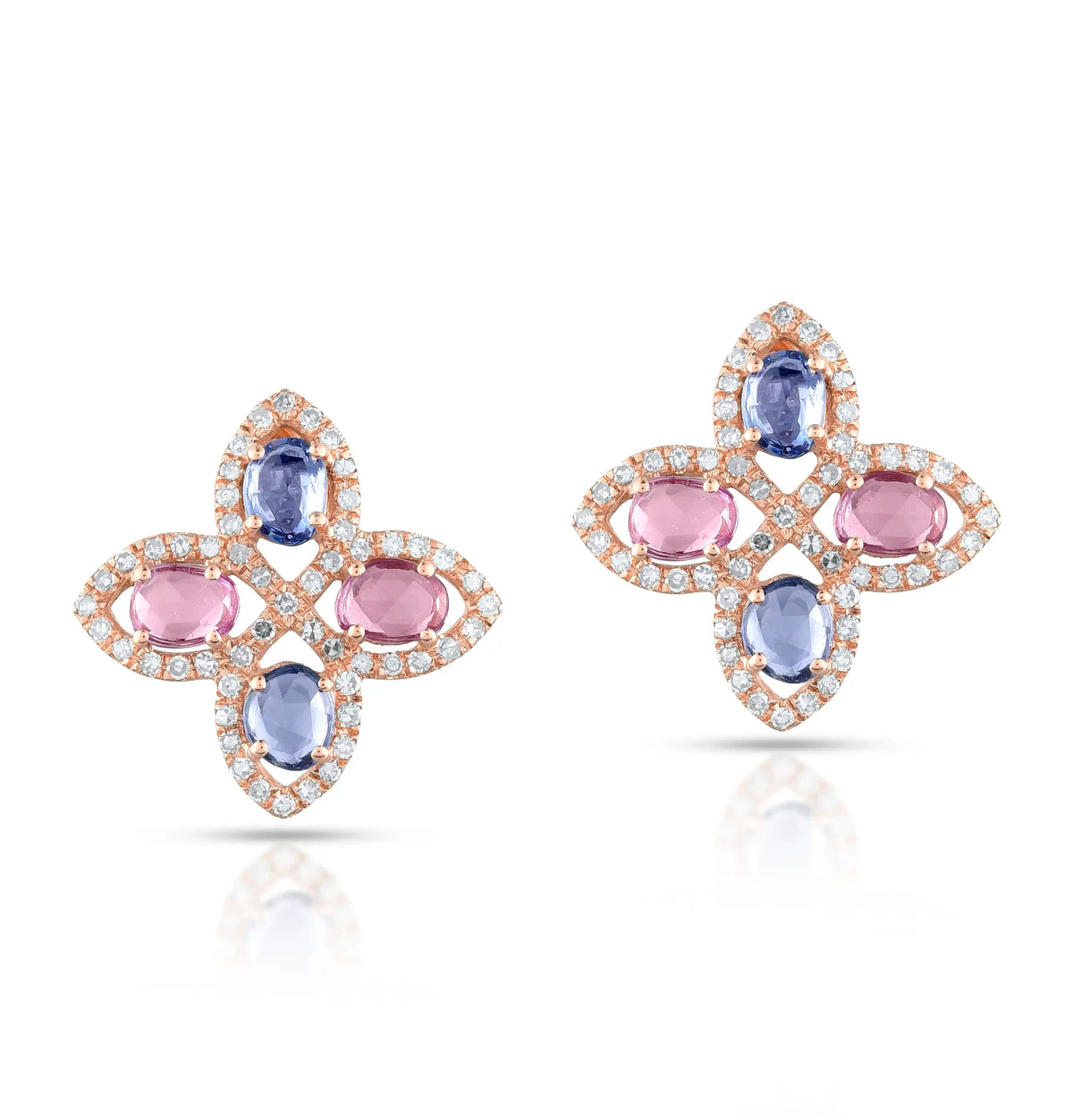 Pastel sapphire floral stud rose gold earrings in 18 kt
