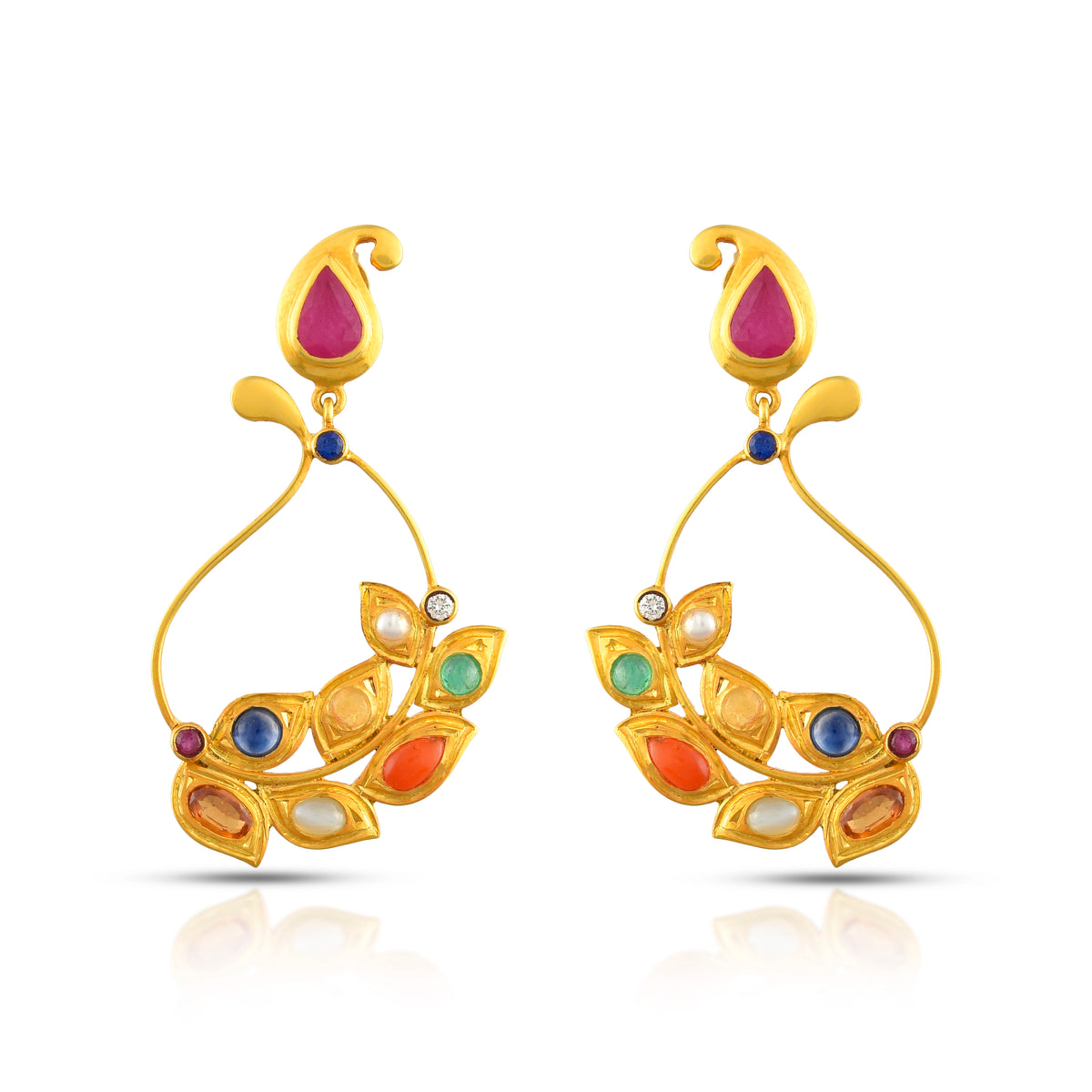 Navratna leaf drop earrings in 18 kt
