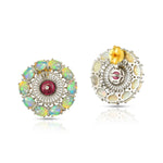 Load image into Gallery viewer, Opal & Rubellite Cabochon Sunburst Victorian Silver-Gold Stud Earrings