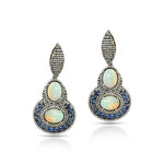 Load image into Gallery viewer, Double Opal & Blue Sapphire Victorian Silver-Gold Drop Earrings