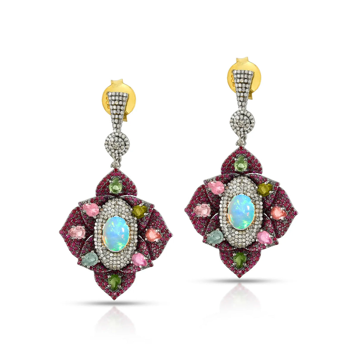 Opal, ruby & tourmaline victorian silver gold statement earrings