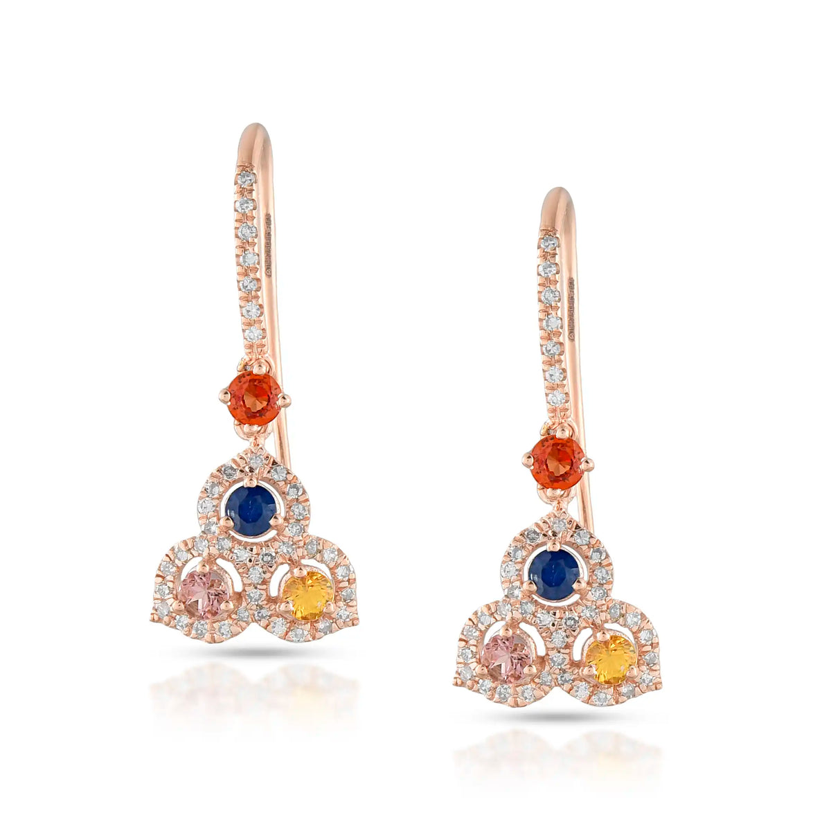 Trio drop rose gold sapphire earrings in 18 kt