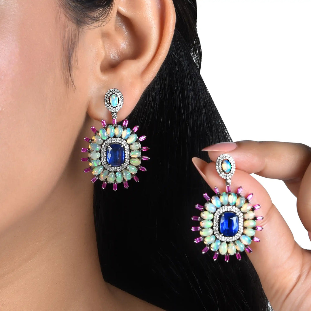Opal & Kyanite Victorian Silver-Gold Drop Earrings