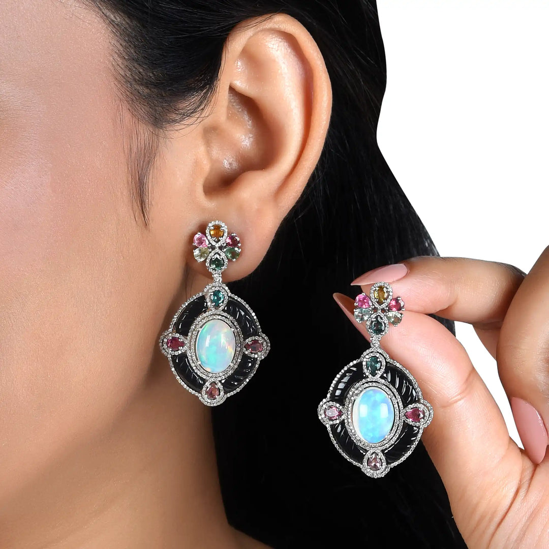 Opal & Carved Onyx Victorian Silver-Gold Statement Earrings