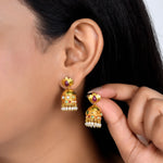 Load image into Gallery viewer, Navratna Lotus Bloom Jhumkas in 18 Kt
