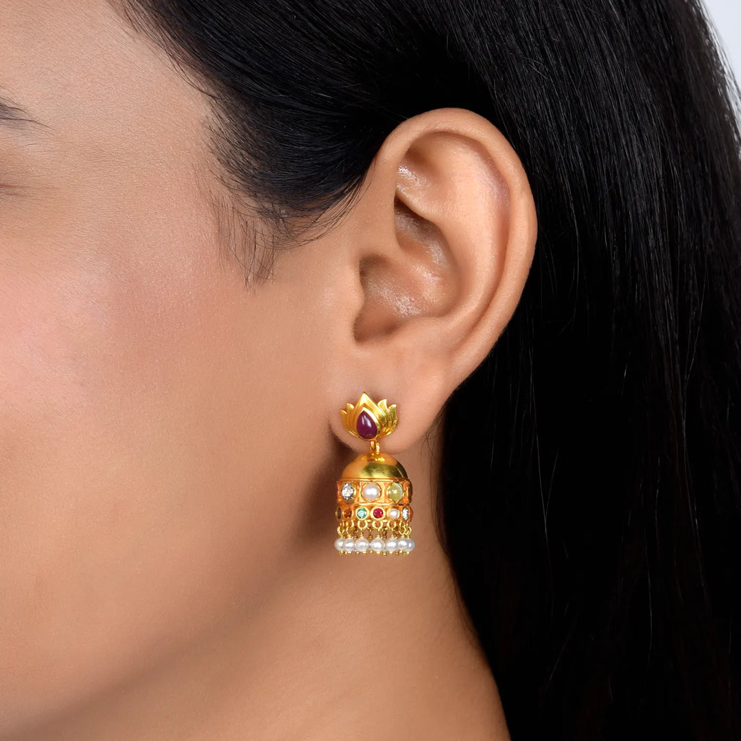 Navratna Lotus Bloom Jhumkas in 18 Kt