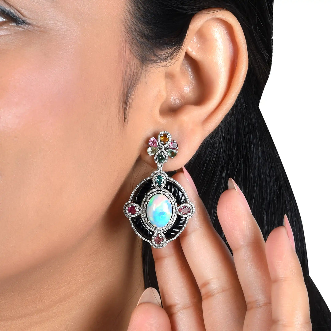 Opal & Carved Onyx Victorian Silver-Gold Statement Earrings