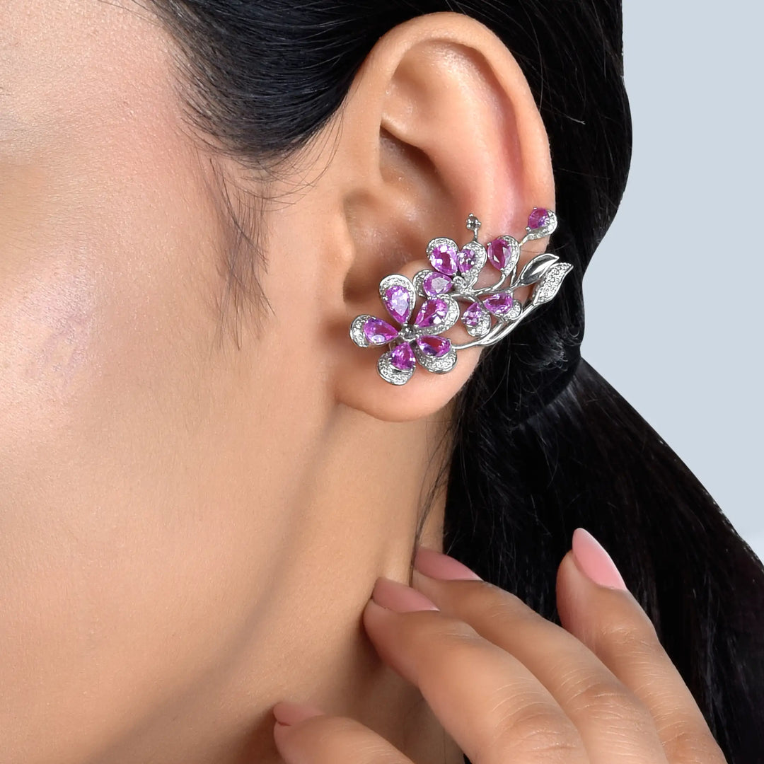 Pink Sapphire Floral White Gold Diamond Earrings in 18 Kt