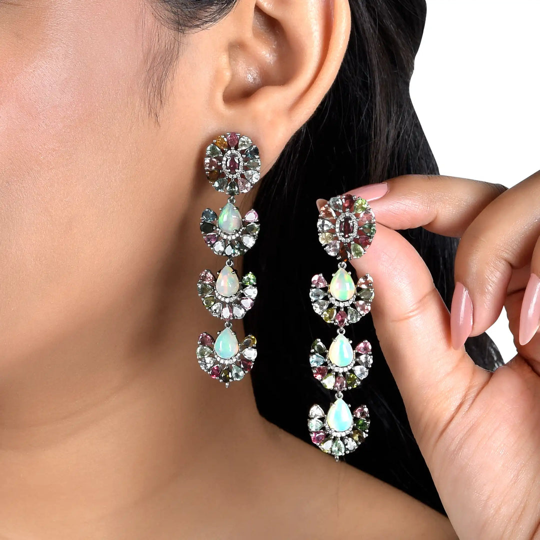 Opal & Multicolour Tourmaline Victorian Silver-Gold Chandelier Earrings