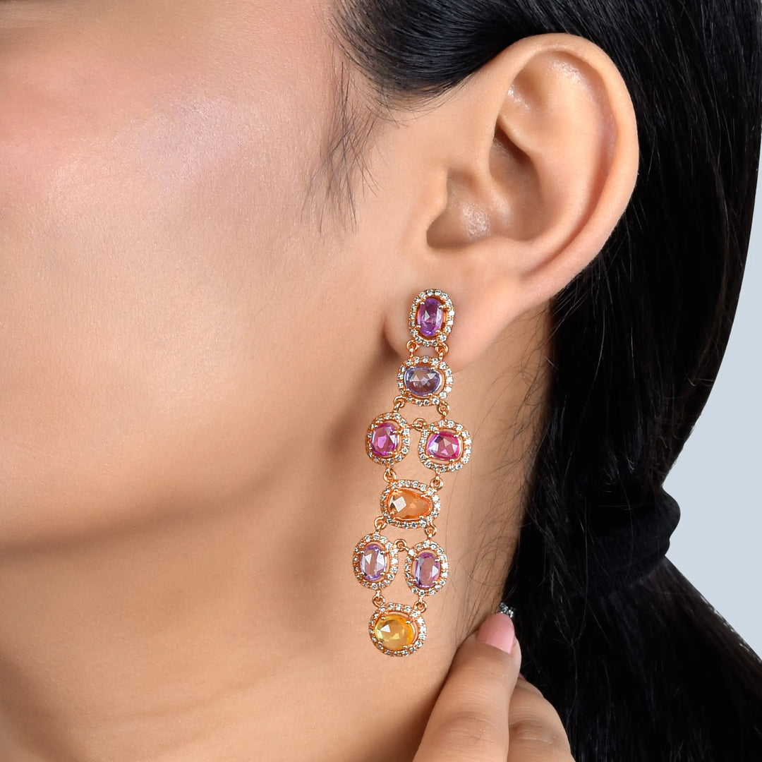 Multi Sapphire Chandelier Rose Gold Earrings in 18 Kt