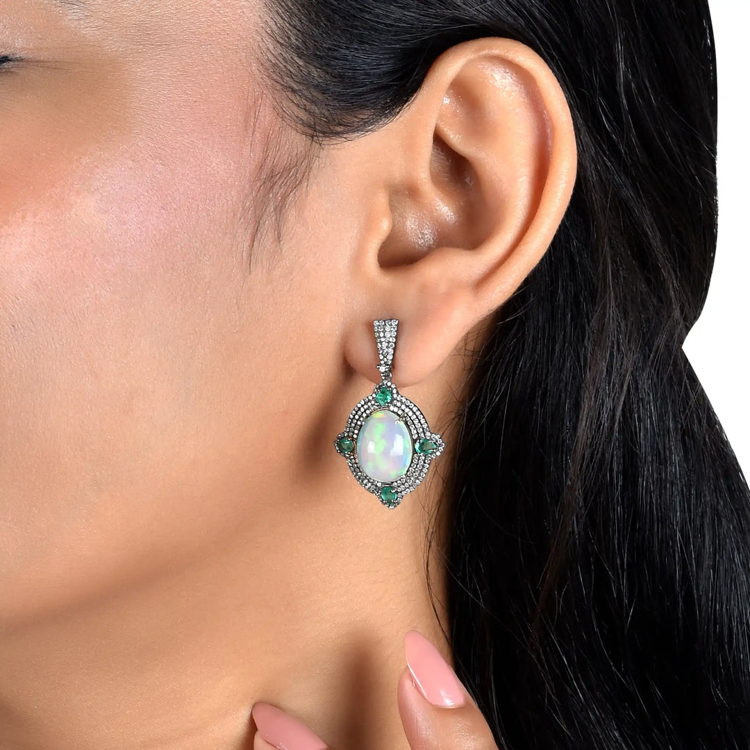 Opal & Emerald Victorian Silver-Gold Drop Earrings