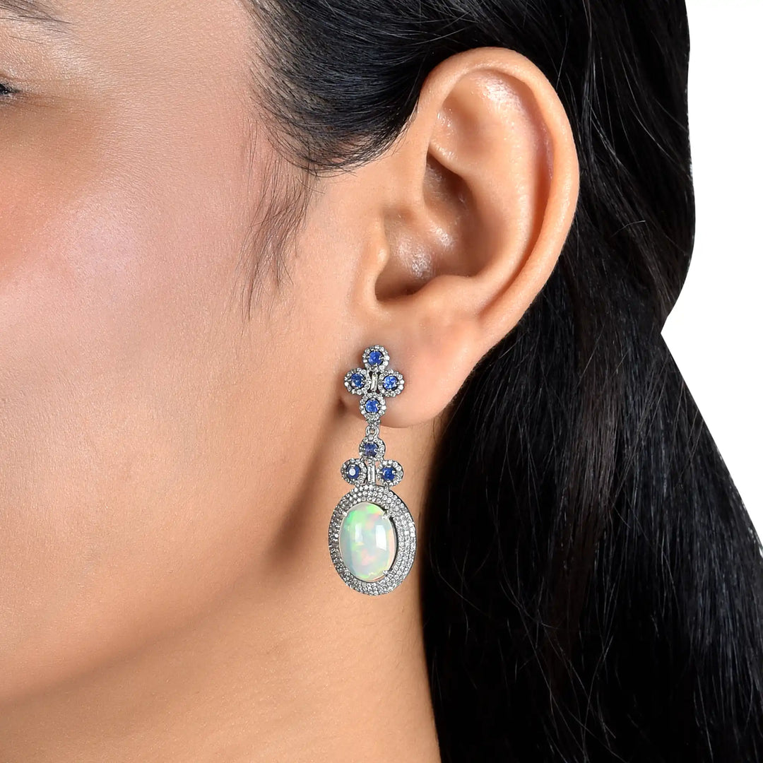 Opal & Blue Sapphire Victorian Silver-Gold Drop Earrings