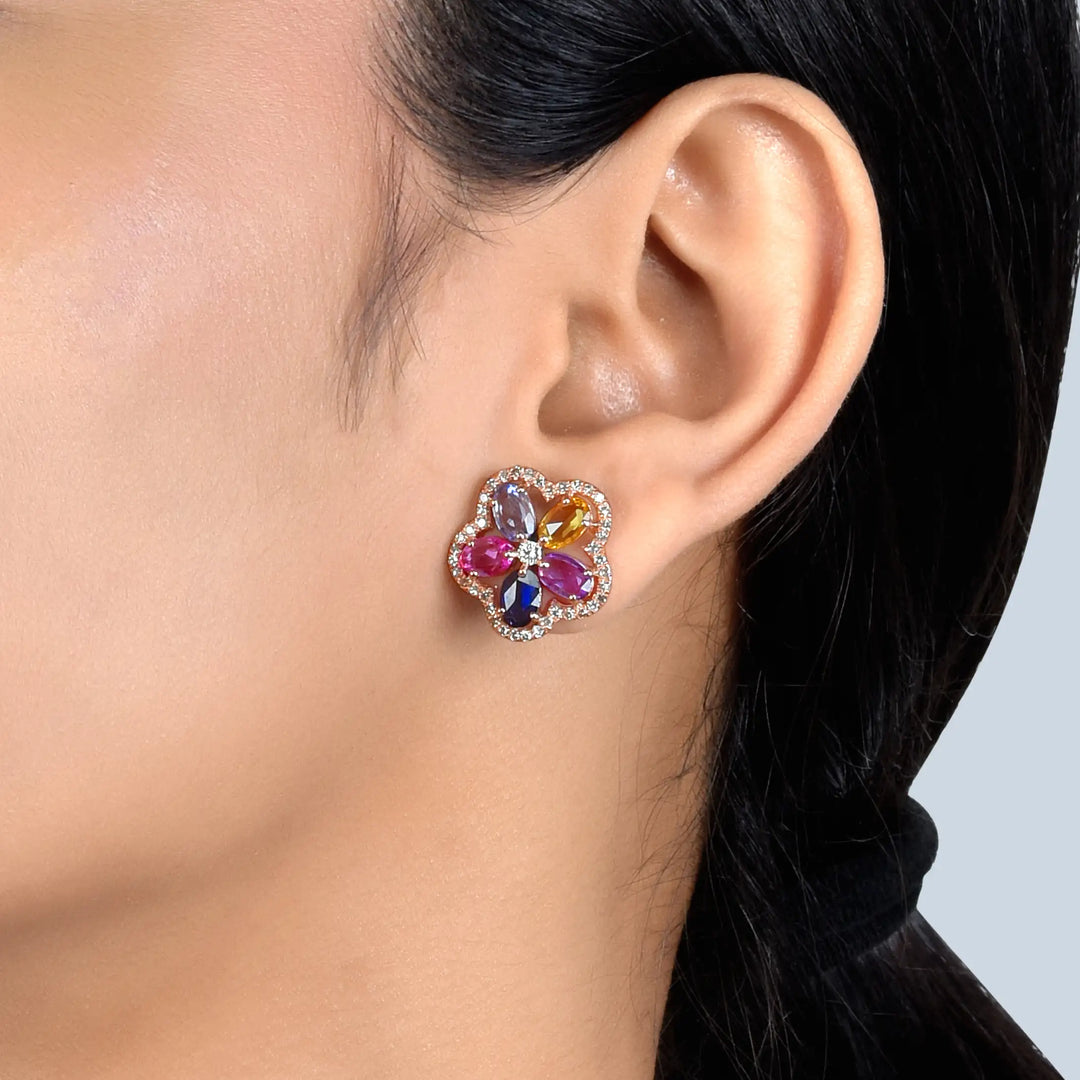 Multi Sapphire Floral Stud Earrings in 18 Kt