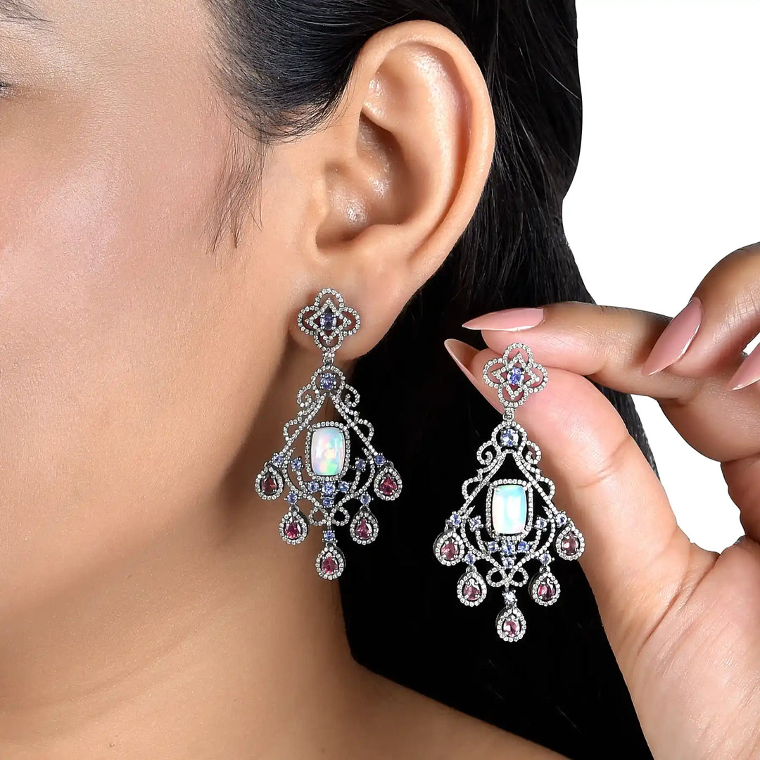 Opal, Tanzanite & Pink Tourmaline Victorian Silver-Gold Chandelier Earrings