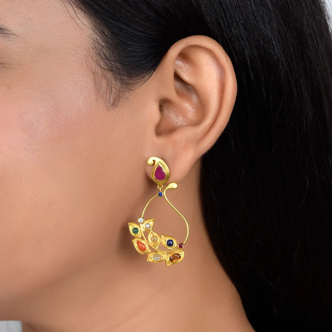 Navratna Leaf Drop Earrings in 18 Kt