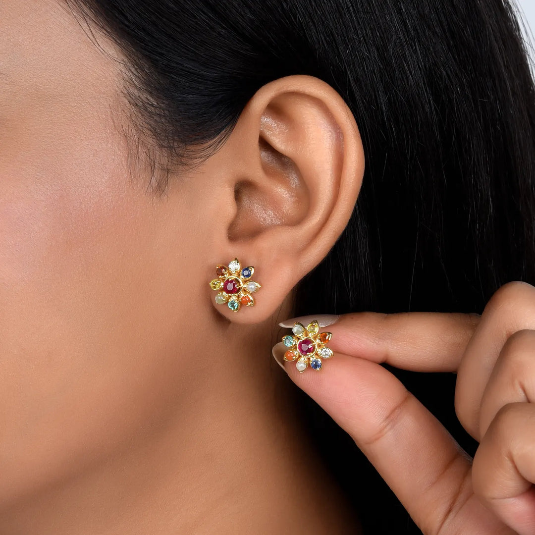 Navratna Tejas Studs in 18 Kt