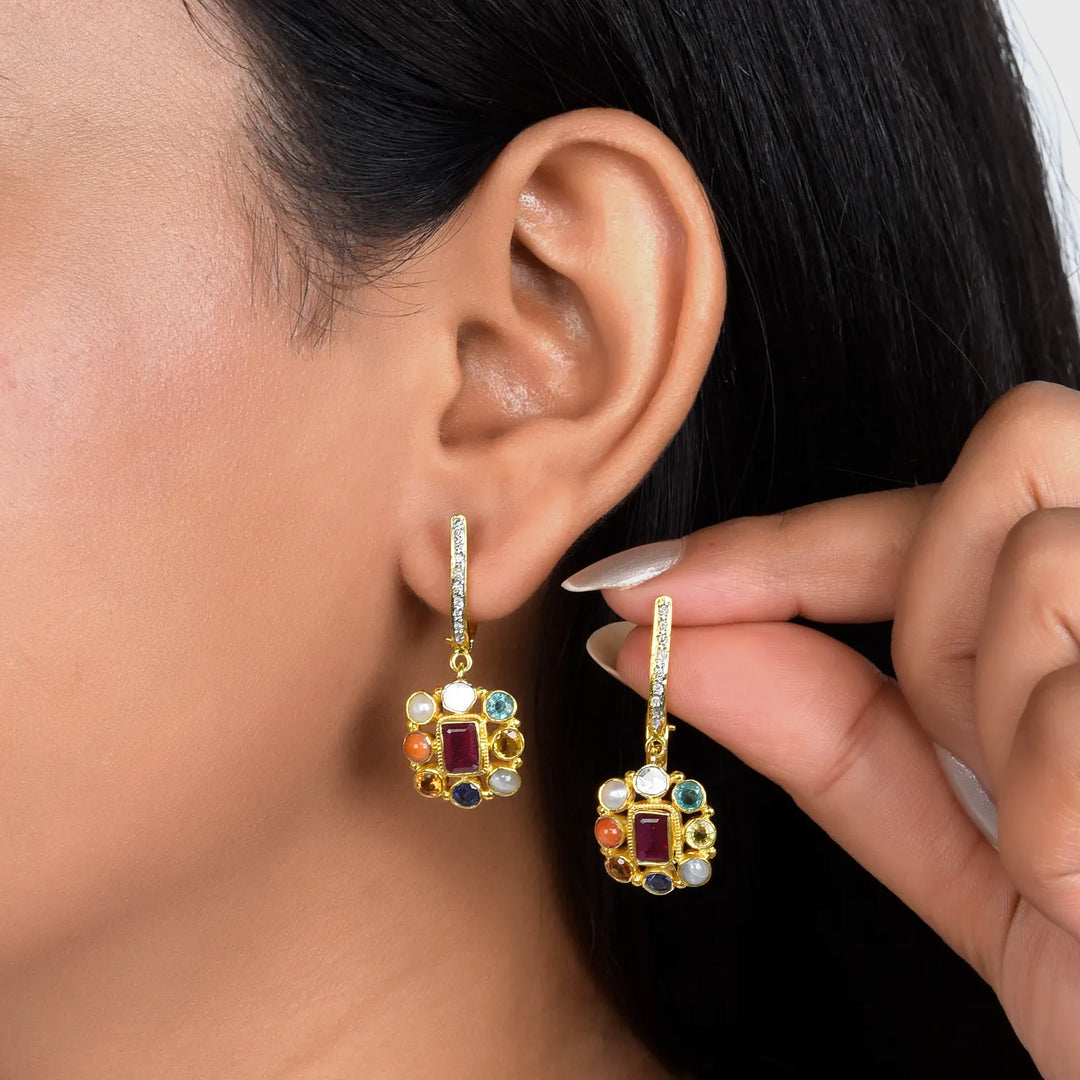 Navratna Harmony Drops Earrings in 18 Kt