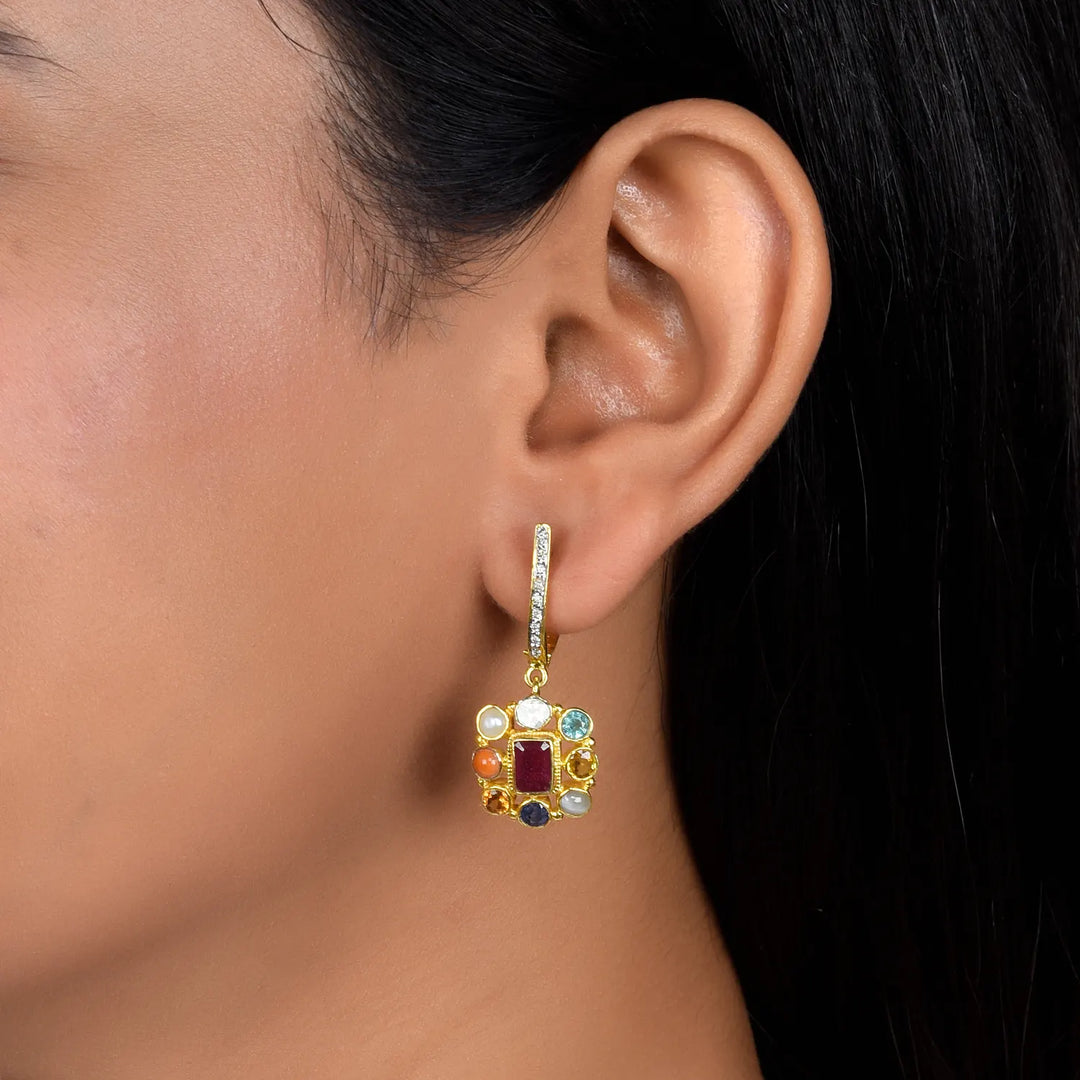 Navratna Harmony Drops Earrings in 18 Kt