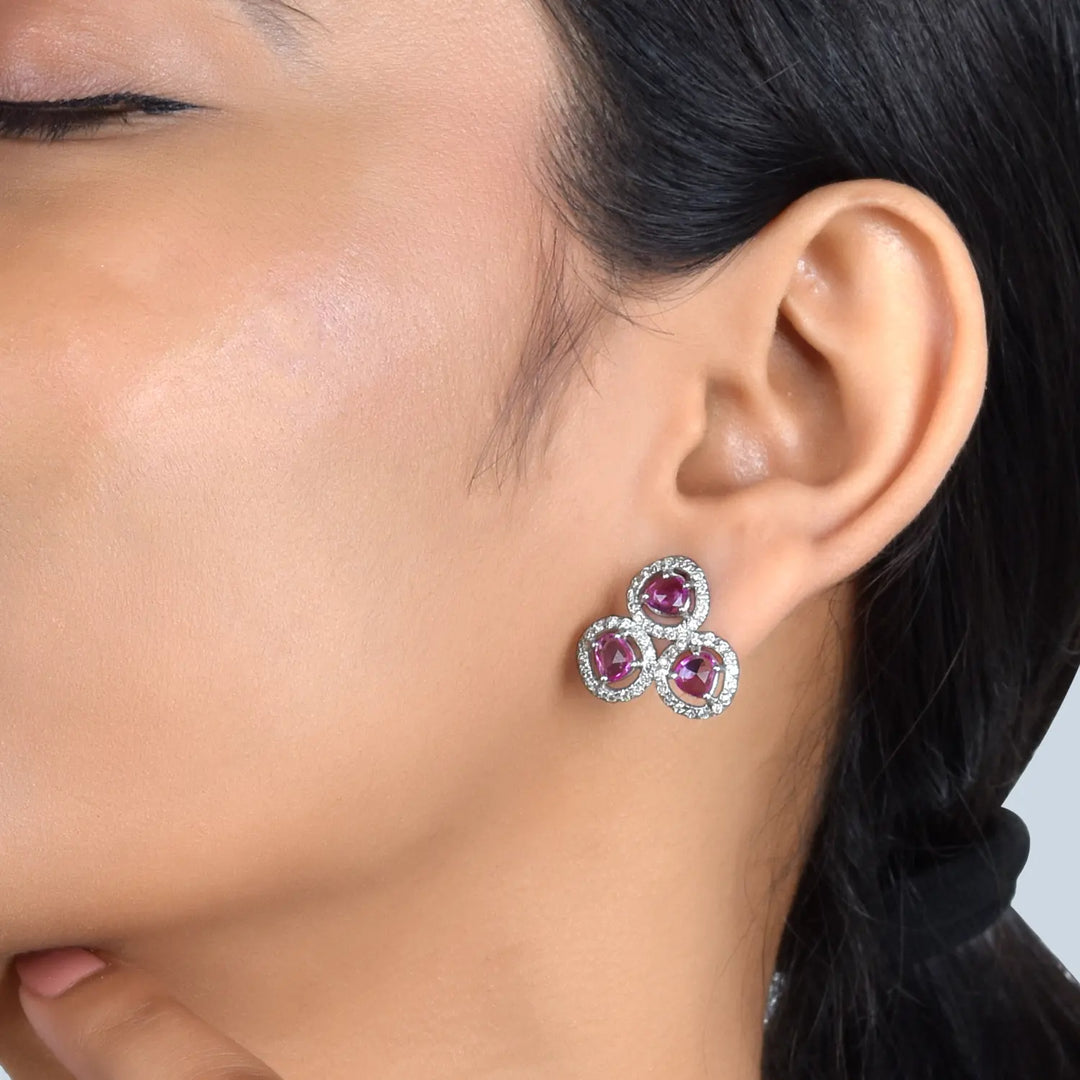 Pink Sapphire Cluster Diamond White Gold Earrings in 18 Kt