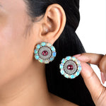 Load image into Gallery viewer, Opal &amp; Rubellite Cabochon Sunburst Victorian Silver-Gold Stud Earrings
