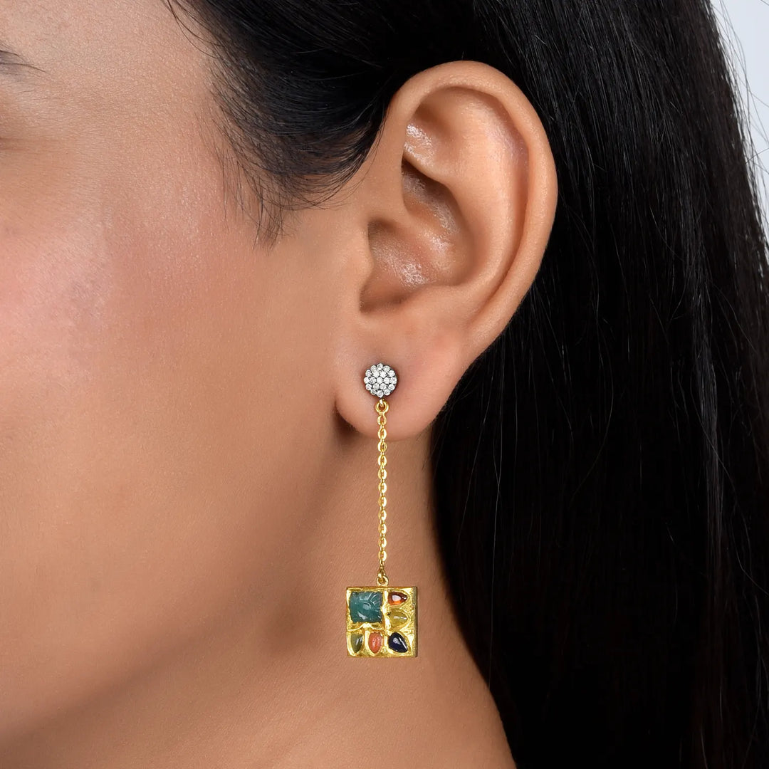Geometric Navratna Earrings in 18 Kt