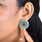 Load image into Gallery viewer, Opal &amp; Rubellite Cabochon Sunburst Victorian Silver-Gold Stud Earrings
