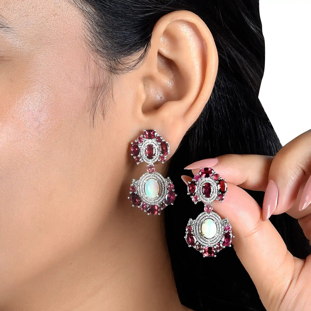 Opal & Tourmaline Victorian Silver-Gold Statement Earrings