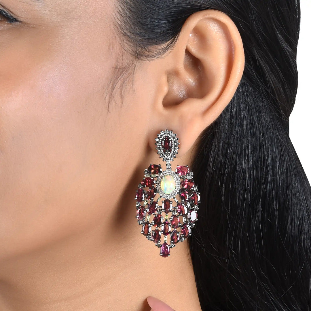 Opal & Pink Tourmaline Victorian Silver-Gold Chandelier Earrings