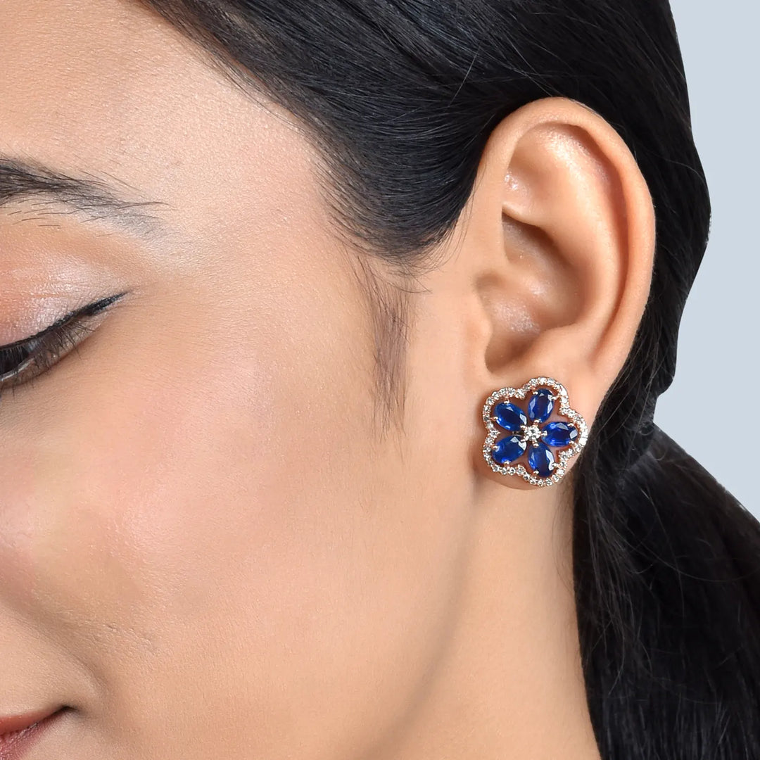 Midnight Sapphire Flower Rose Gold Studs in 18 Kt
