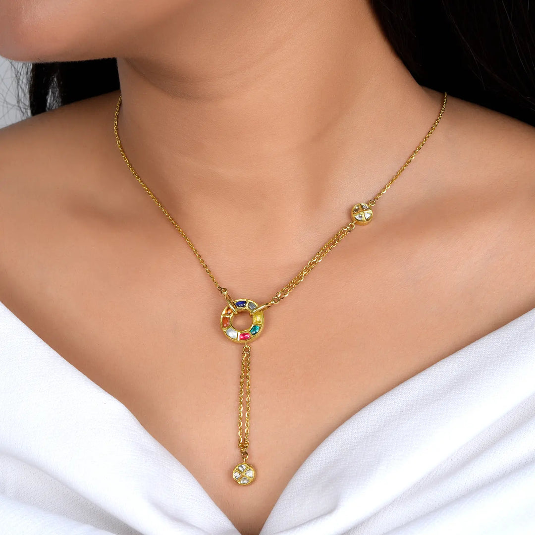 Navratna Circle Pendant Necklace in 18 Kt