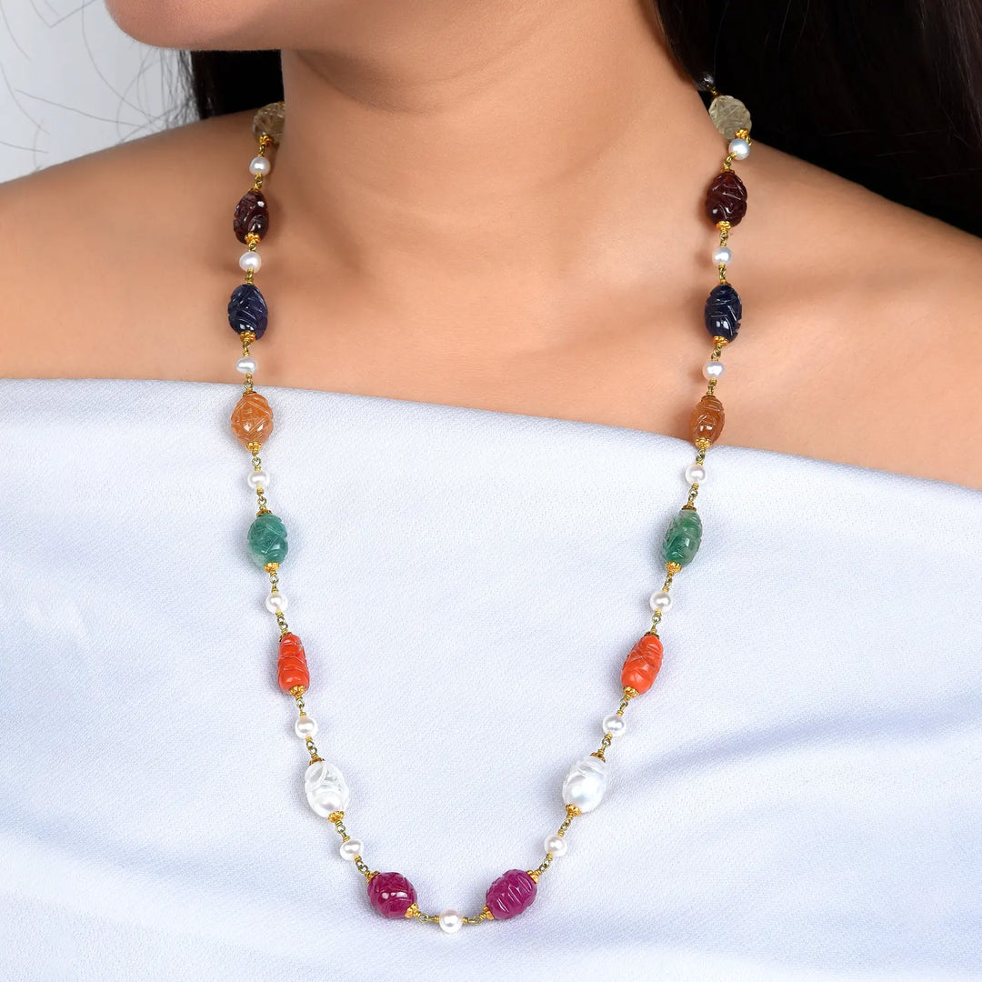 Navratna Carved Bead Necklace in 18 Kt
