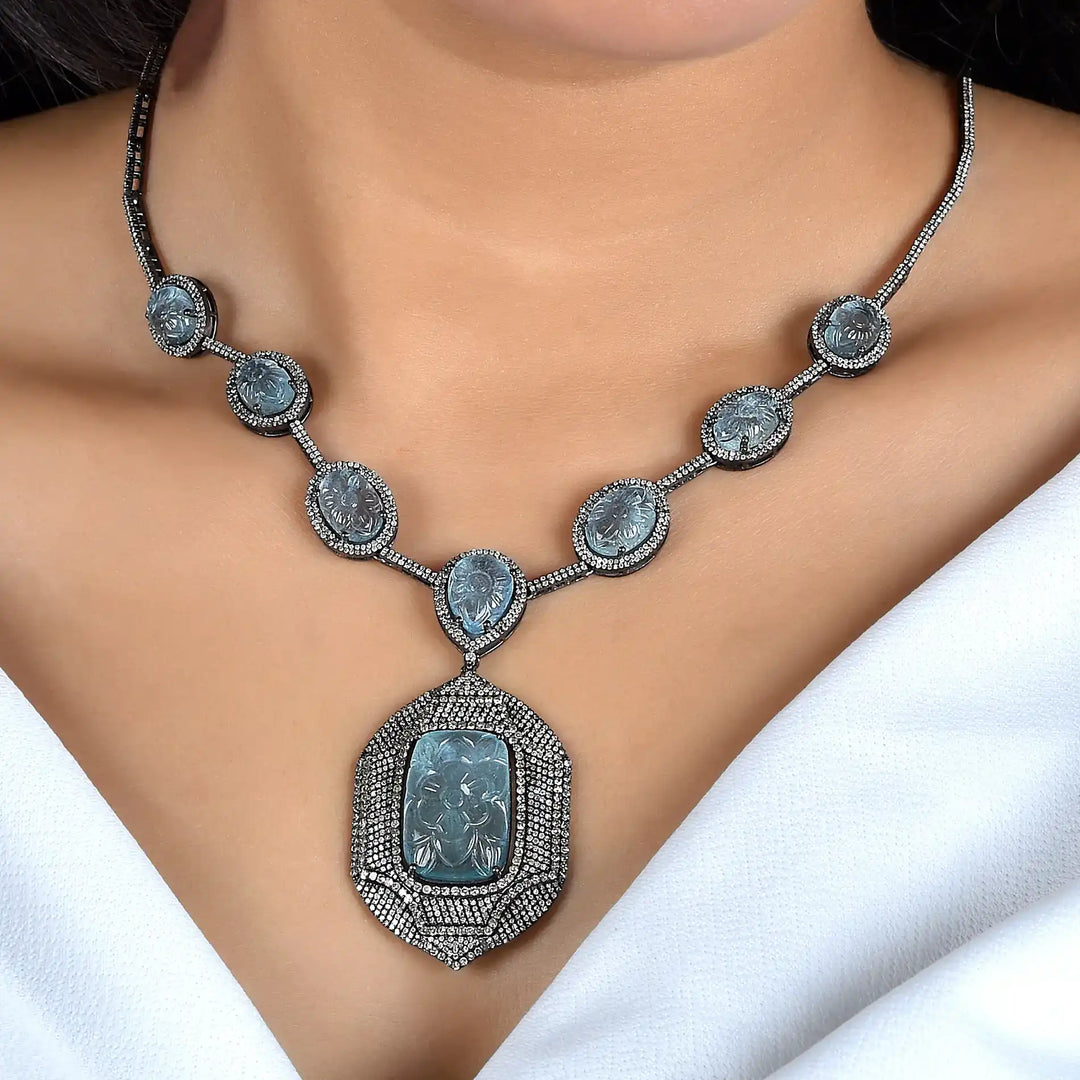 Aqua Noor Victorian Silver-Gold Statement Necklace