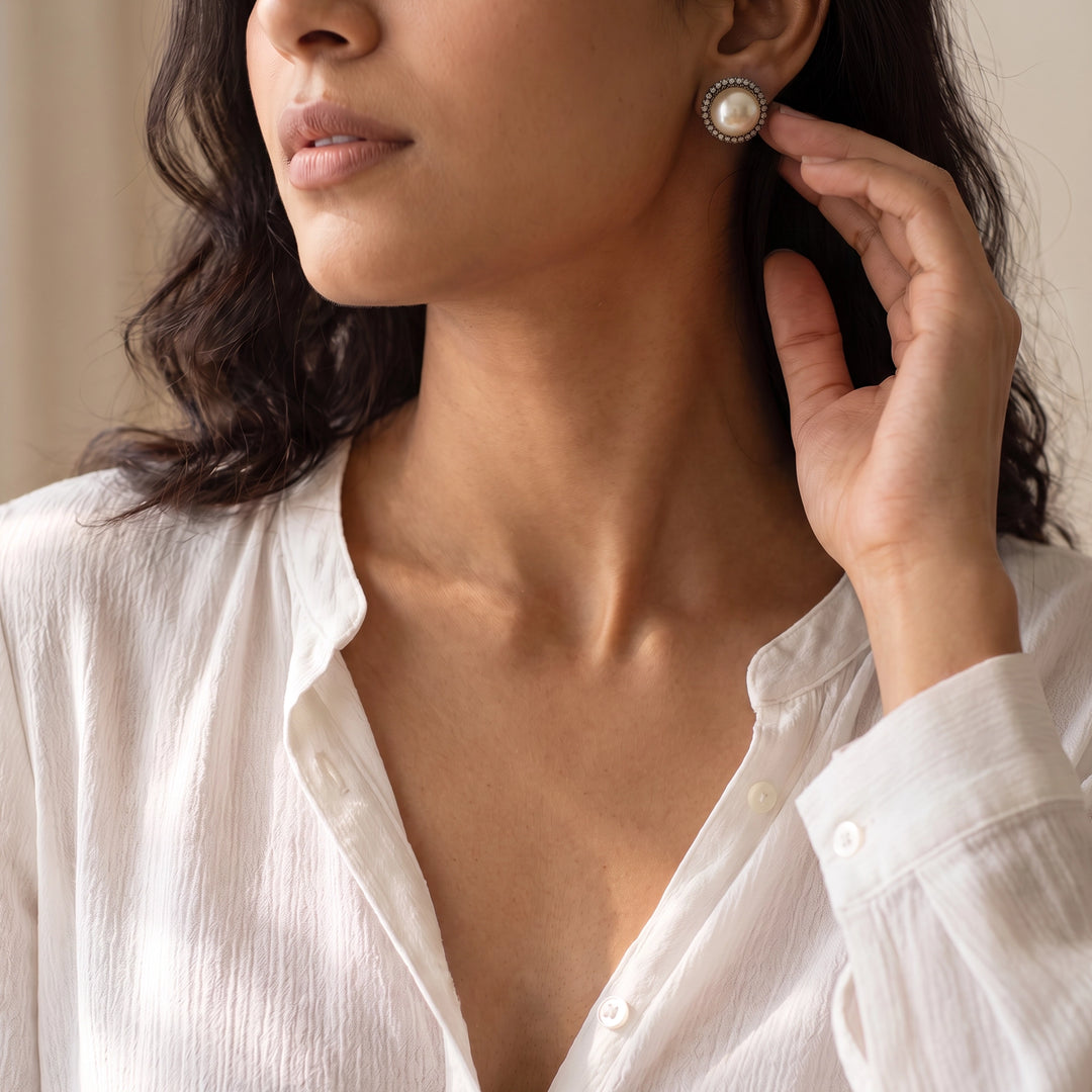 Diamond Framed Pearl Victorian Studs