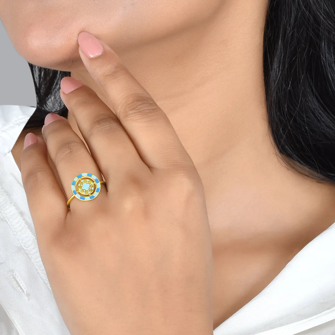 Blue Enamel Medallion Gold Ring in 18 Kt
