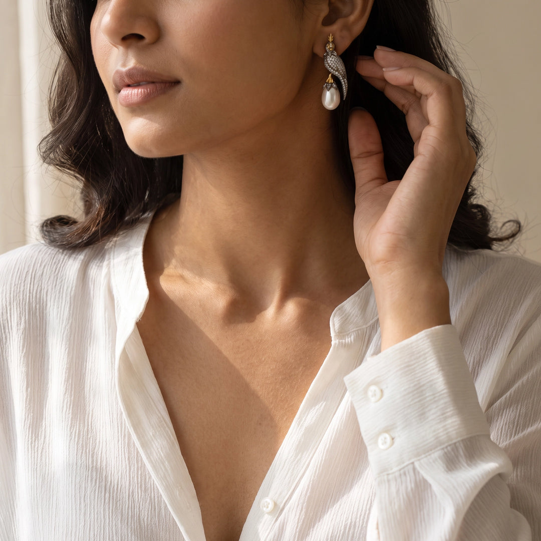 Victorian Bird Pearl Drop Earrings