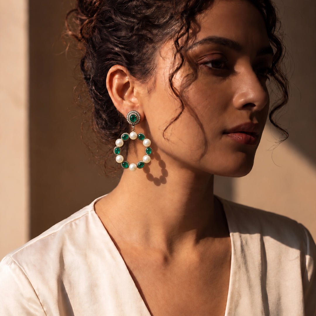 Emerald & Pearl Circle Earrings