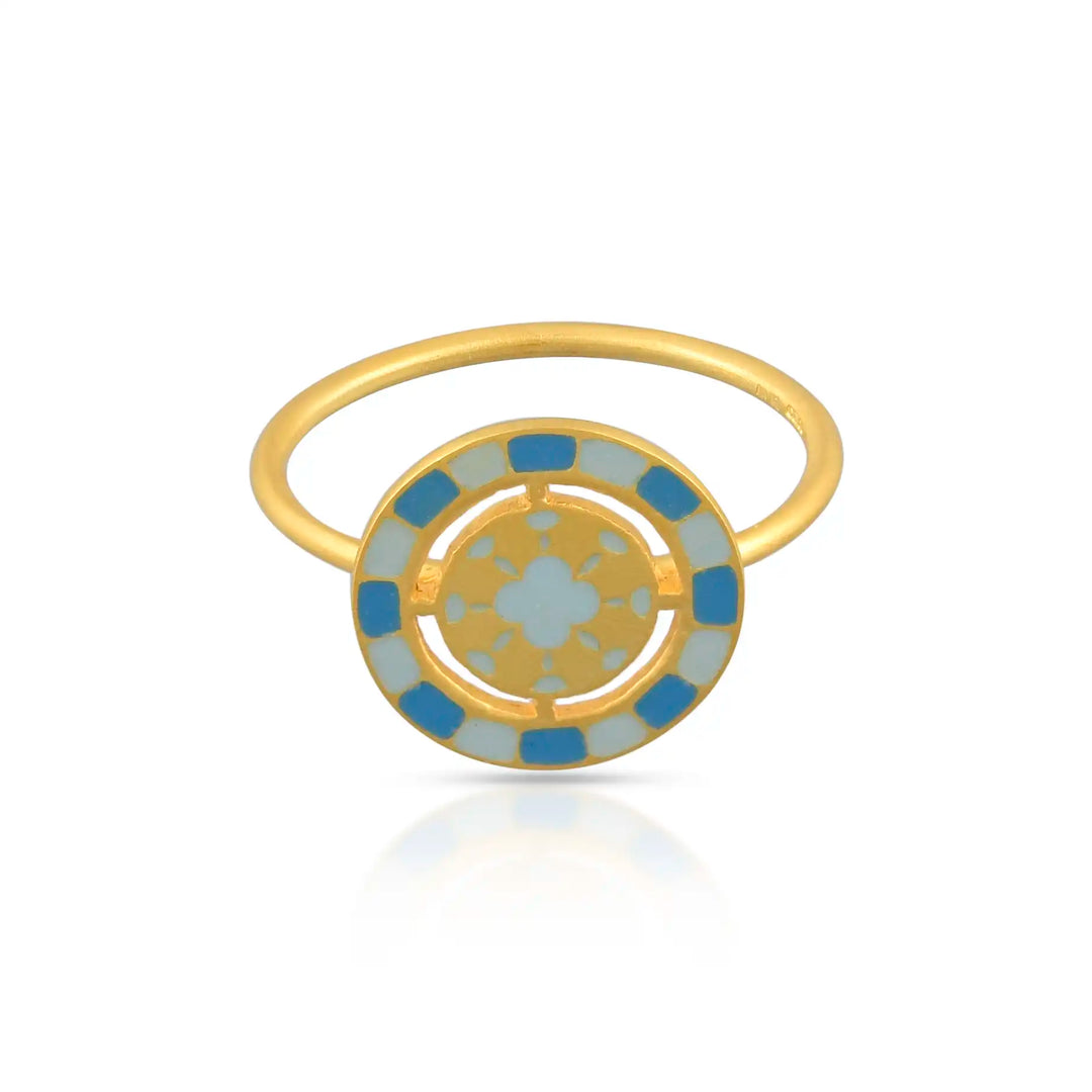 Blue Enamel Medallion Gold Ring in 18 Kt