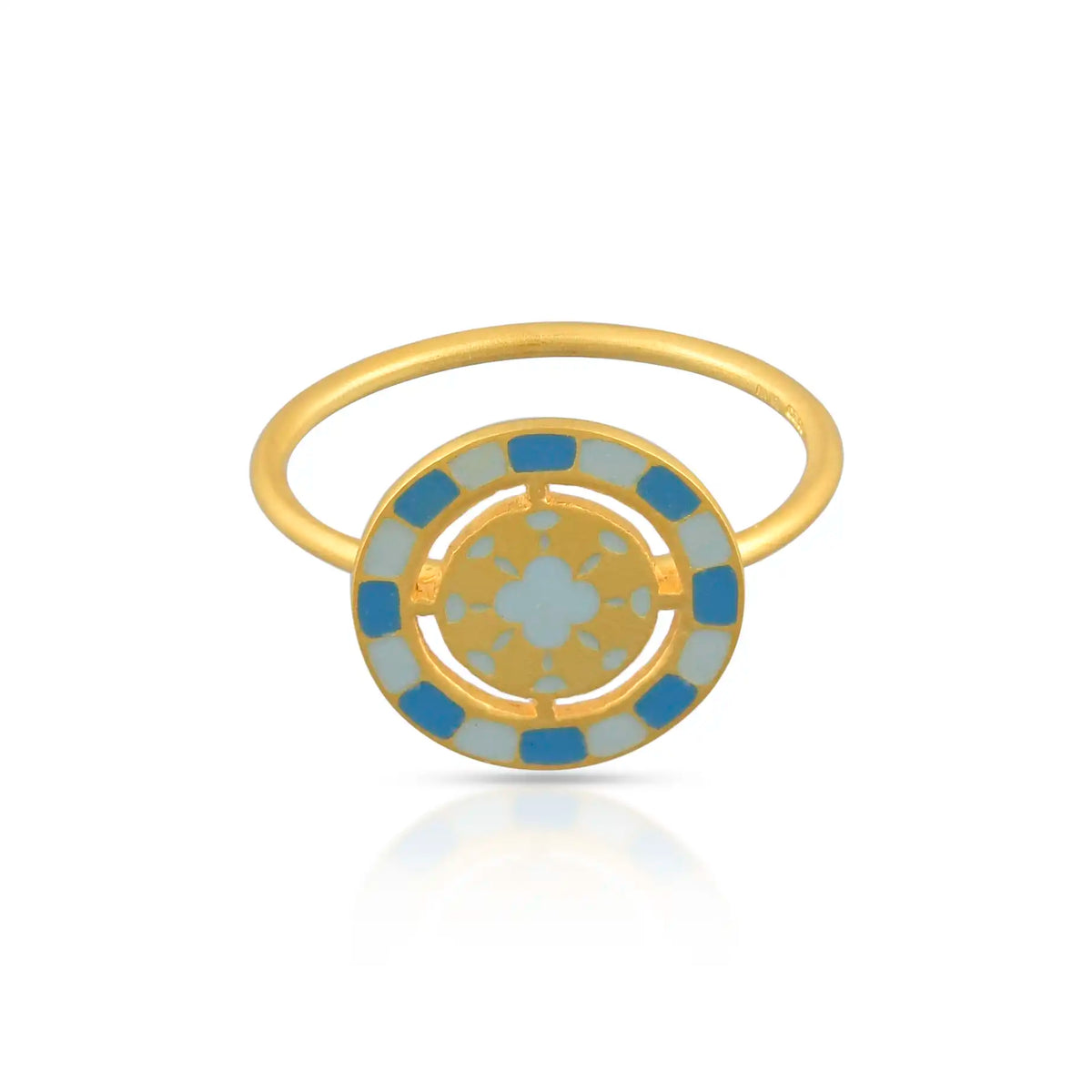 Blue enamel medallion gold ring in 18 kt