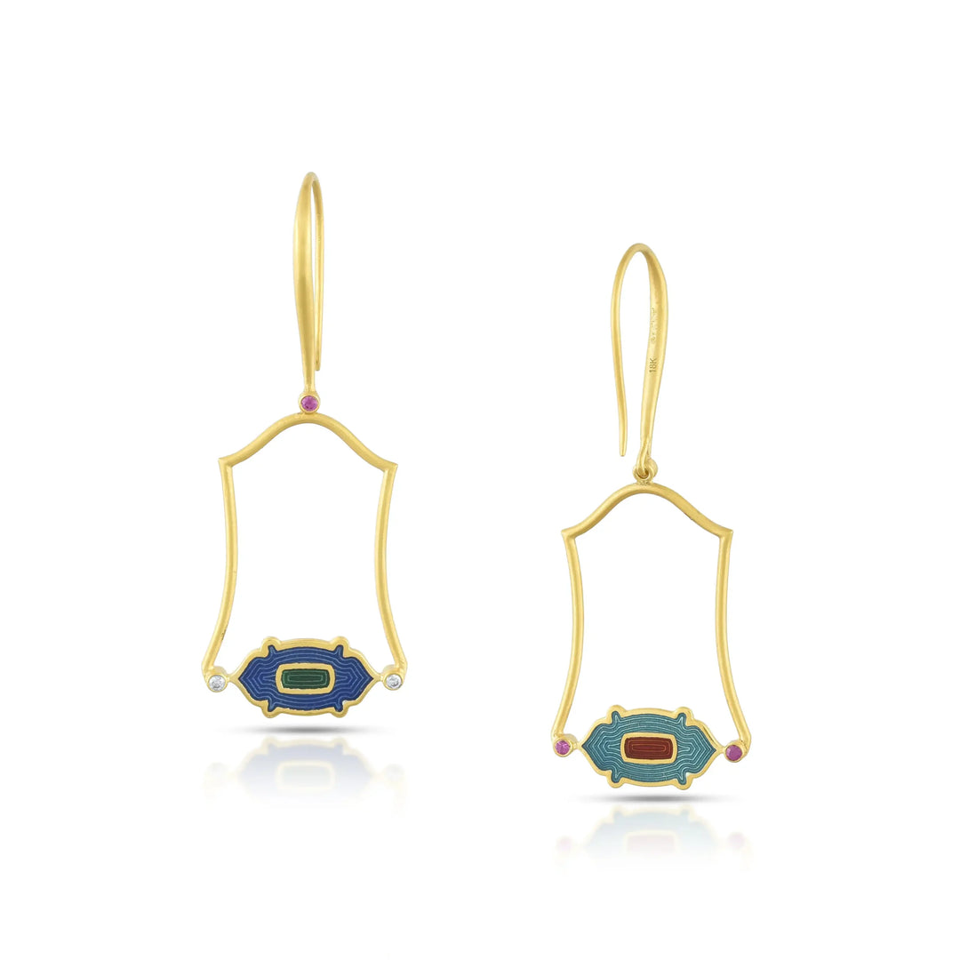 Enamel Crest Gold Drop Earrings in 18 Kt