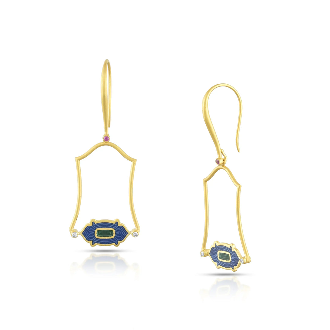 Enamel Crest Gold Drop Earrings in 18 Kt