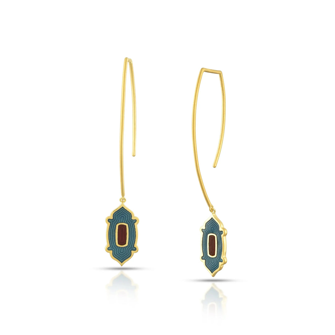 Enamel Drop Hook Gold Earrings in 18 Kt