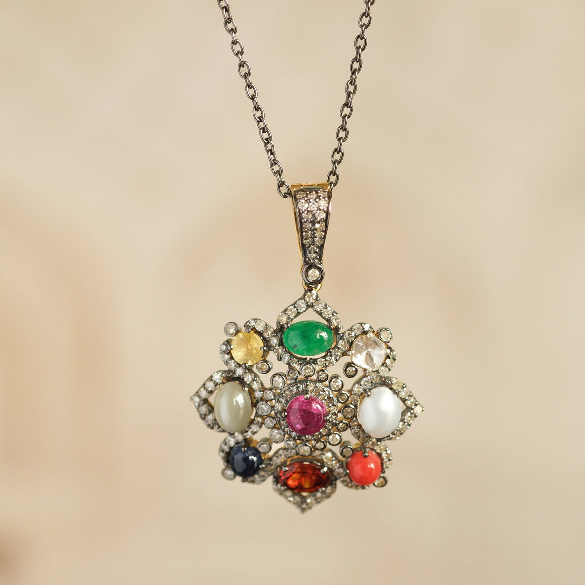 Celestial navratna victorian pendant necklace