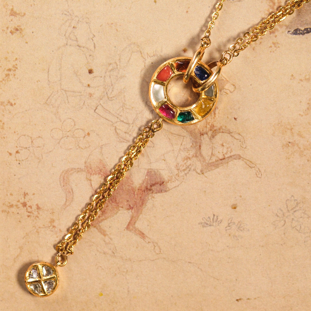 Navratna Circle Pendant Necklace in 18 Kt