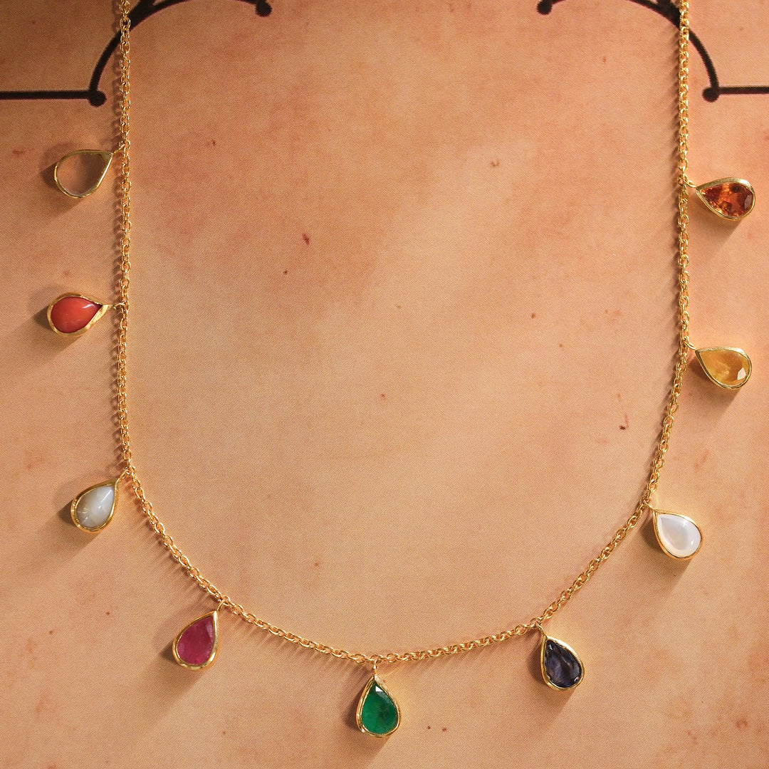 Navratna Gem Drop Necklace in 18 Kt